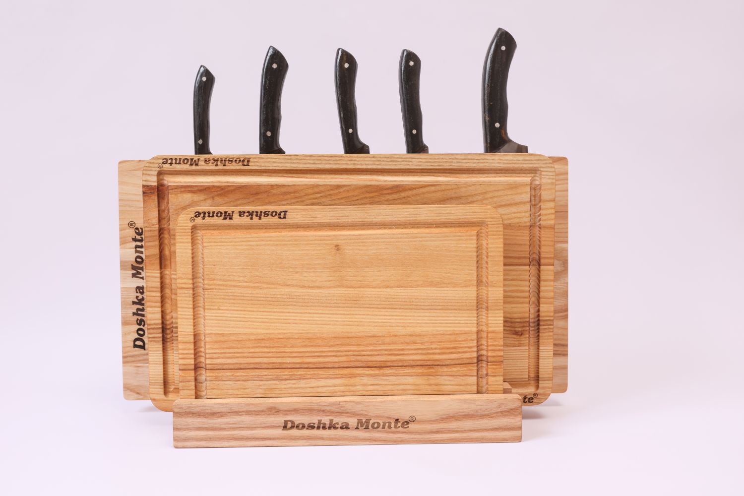 Sets of ash wooden boards with knife holder