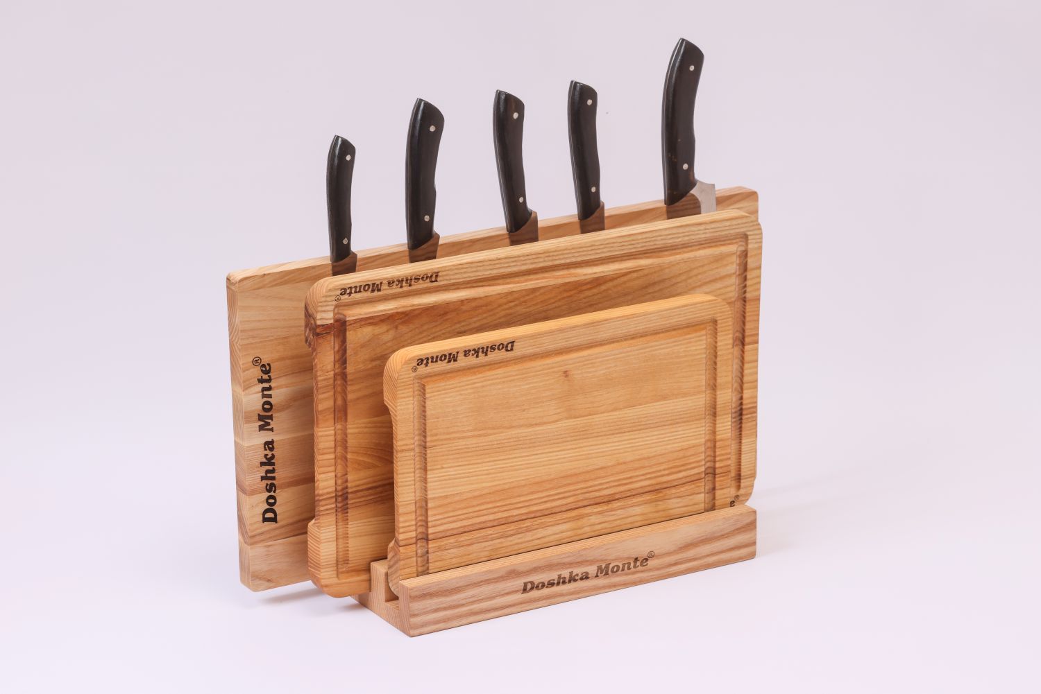 Sets of ash wooden boards with knife holder