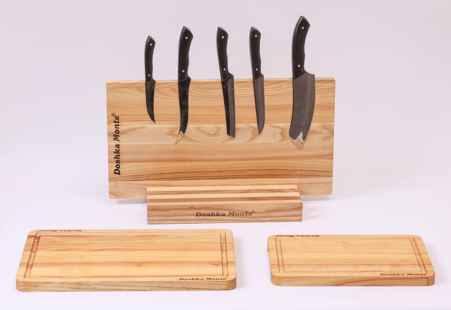 Sets of ash wooden boards with knife holder