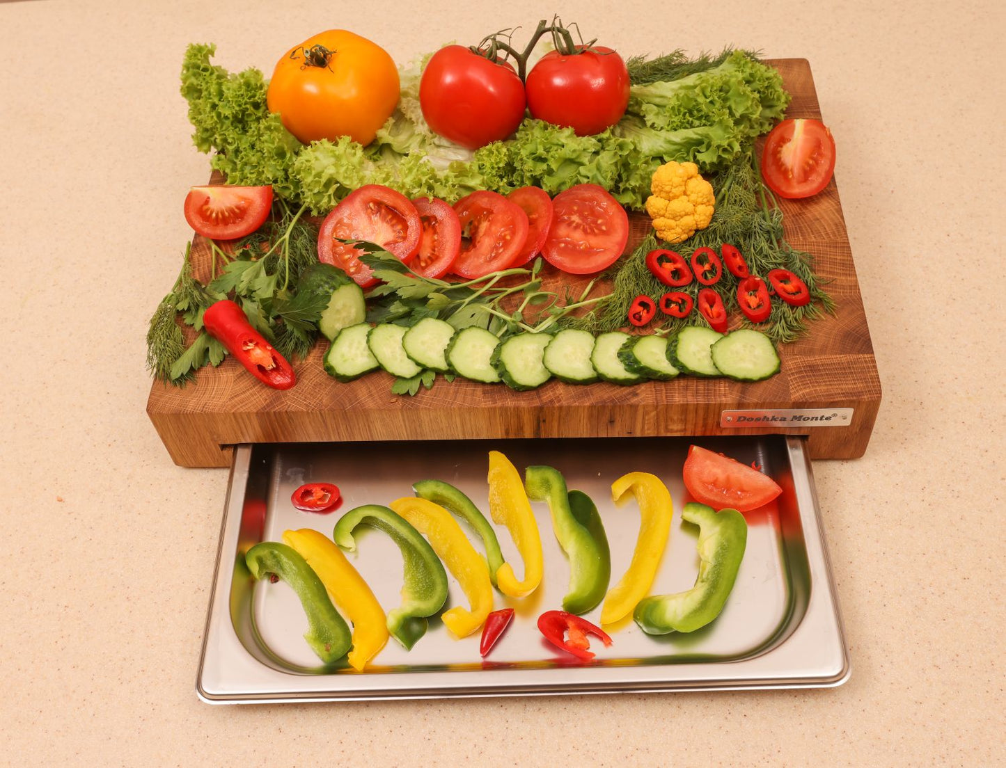 Cutting Board Doshka Monte Oak+Ash Grain with Stainless Steel Drawer