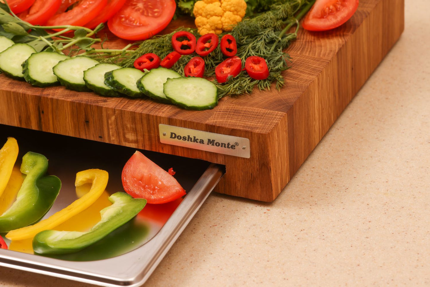 Cutting Board Doshka Monte Oak+Ash Grain with Stainless Steel Drawer