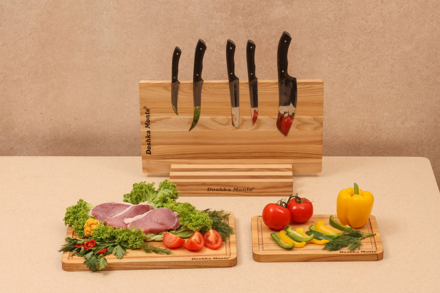 Sets of ash wooden boards with knife holder