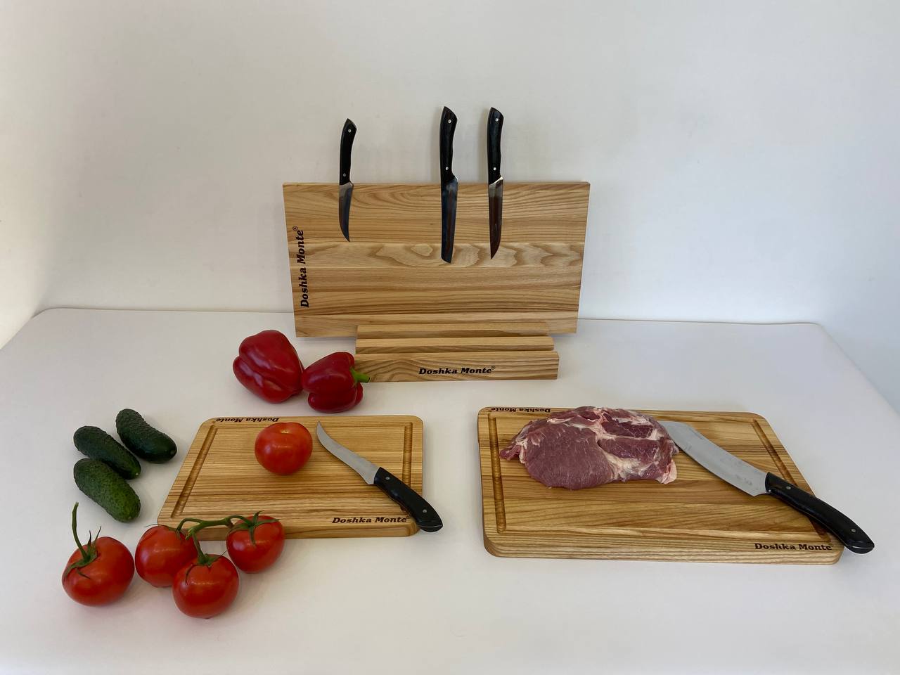 Sets of ash wooden boards with knife holder