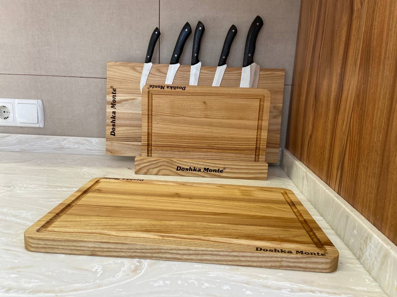 Sets of ash wooden boards with knife holder